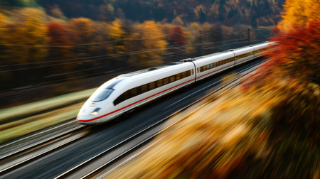 A high-speed train racing through a scenic landscape, with motion blur emphasizing the speed and efficiency of modern rail transport.の素材