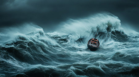 A dramatic shot of a small boat battling against towering waves during a storm, highlighting the struggle and resilience in harsh maritime conditions.の素材