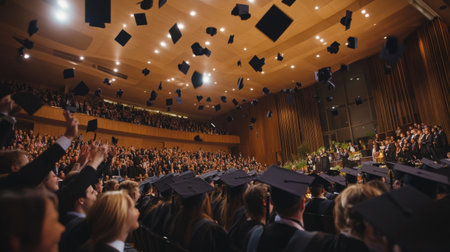 A panoramic view of a graduation ceremony with students throwing their caps in the air, celebrating their academic achievements and the joy of graduation.の素材