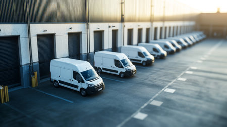 A fleet of delivery vans parked outside a warehouse, ready for dispatch, representing the last-mile delivery process in e-commerceの素材