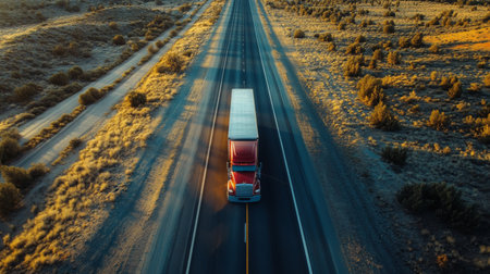 A long-haul truck driving on an open highway, with a trailer full of goods, symbolizing the essential role of trucking in supply chains.の素材
