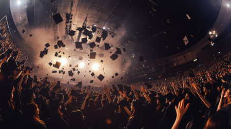 A panoramic view of a graduation ceremony with students throwing their caps in the air, celebrating their academic achievements and the joy of graduation.の素材