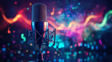 A modern microphone on a sleek, minimalist stand, set against a background of abstract music notes and colorful soundwaves, illustrating the creative aspect of music production.の素材
