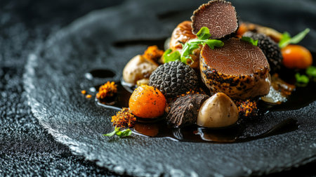 A luxurious dish featuring truffles as the centerpiece, with a focus on the rich textures and flavors of the truffle, surrounded by other gourmet ingredients.の素材
