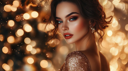 A glamorous woman in a stylish evening gown, with her makeup enhancing her natural beauty, as she poses in front of a luxurious backdrop, ready for a night out.の素材