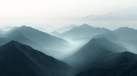 A misty mountain range with layers of ridges fading into the distance, creating a sense of mystery and depth in the landscape.の素材