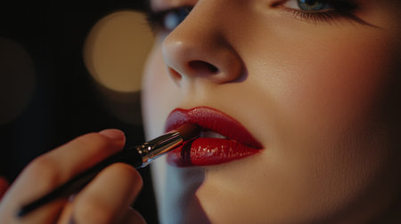 A makeup artist carefully applying lipstick to a woman's lips, with a focus on the precision and artistry involved in creating a flawless look.の素材
