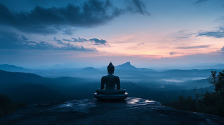 A panoramic view of a Buddha silhouette on a hilltop during twilight, with soft, ambient light creating a serene and majestic silhouette against the evening sky.の素材