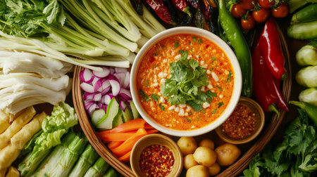 A high-angle view of a beautifully plated Thai dish with a bowl of surrounded by an array of dipping vegetables and condiments, creating an inviting and colorful meal.の素材
