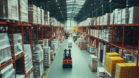 A logistics warehouse filled with neatly stacked pallets and forklifts in operation, illustrating the organization and efficiency of goods distribution.の素材