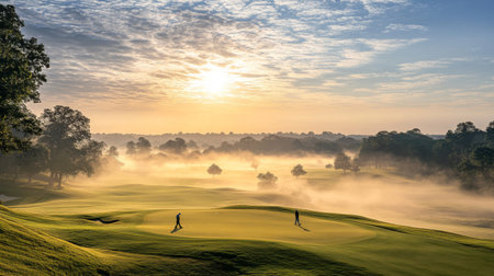 A panoramic view of a golf course at sunrise, with mist hanging over the fairways and golfers starting their round, creating a serene and picturesque scene.の素材