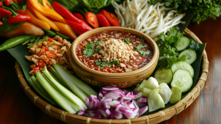 A high-angle view of a beautifully plated Thai dish with a bowl of surrounded by an array of dipping vegetables and condiments, creating an inviting and colorful meal.の素材