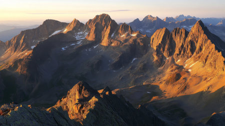 A panoramic view of a rugged mountain range at sunrise, with the first rays of light illuminating the jagged peaks and casting long shadows across the valleys.の素材