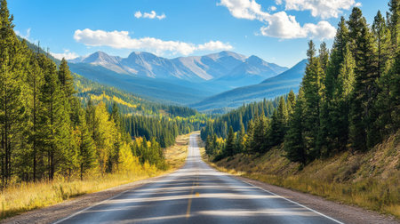 A scenic mountain road lined with pine trees and leading through a picturesque valley, with distant peaks and clear skies creating a tranquil and inviting landscape.の素材