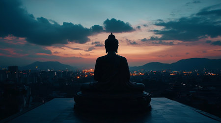 A silhouette of a Buddha statue on a temple rooftop, with a darkening sky and city lights in the distance, creating a contrast between the sacred and the modern.の素材