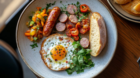 A top-down view of served with a side of Thai-style sausage, pickled vegetables, and a slice of crusty baguette, showcasing a delicious and satisfying breakfast plate.の素材