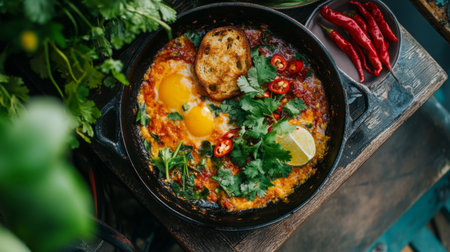 A top-down view of a sizzling served with crispy bread, fresh herbs, and sliced chilies, highlighting a traditional Thai breakfast with vibrant colors and textures.の素材