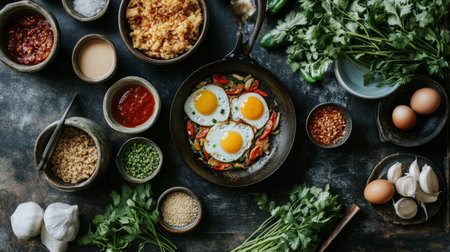 A top-down view of a breakfast spread featuring with the eggs in a small pan, accompanied by Thai-style dipping sauces and fresh herbs, creating a colorful and inviting meal.の素材