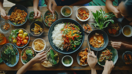 A Thai family enjoying a meal together, with a central bowl of the table surrounded by various side dishes and fresh ingredients for dipping.の素材
