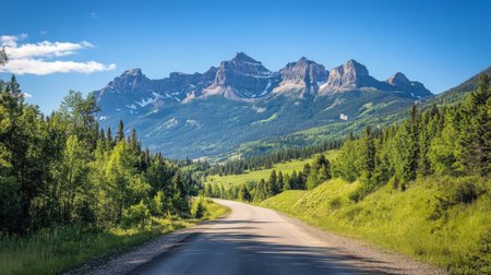 A scenic mountain road winding through lush green forests, with majestic peaks in the background and a clear blue sky above, capturing the beauty of a high-altitude drive.の素材
