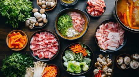 A top-down view of a shabu-shabu table with multiple bowls of raw ingredients including sliced meat, vegetables, and mushrooms, ready to be cooked in a shared hot pot.の素材