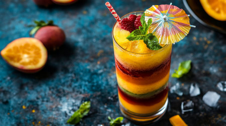 A top-down view of a stylish mocktail with layers of fruit juices and garnishes, served in a tall glass with a decorative umbrella, perfect for a festive occasion.の素材