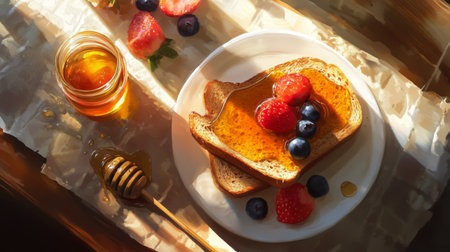 A top-down view of a breakfast spread with toast drizzled with honey, fresh fruit, and a jar of honey on the side, capturing a wholesome and appetizing meal.の素材