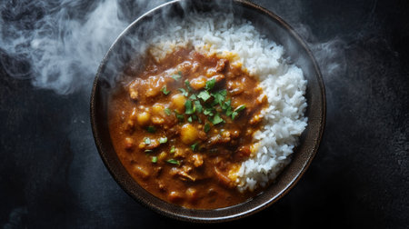A top-down view of a steaming bowl of hot rice with a flavorful curry sauce, steam curling above the dish, emphasizing the richness and warmth of the meal.の素材