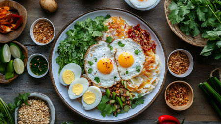 A top-down view of a plate of eggs cooked to perfection, accompanied by a variety of condiments like fish sauce, chili paste, and fresh herbs, creating a rich breakfast spread.の素材