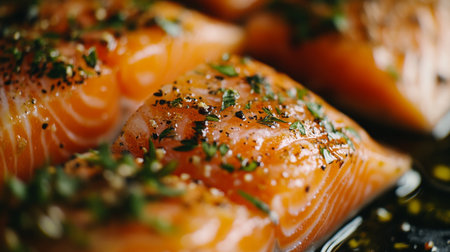 A top-down view of a salmon fillet being seasoned with herbs and spices, with close-up focus on the preparation process and the vibrant color of the fish.の素材