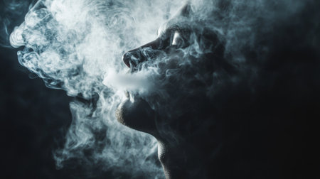 A smoker exhaling a thick cloud of smoke against a dark background, with the smoke forming intricate patterns as it dissipates into the air.の素材