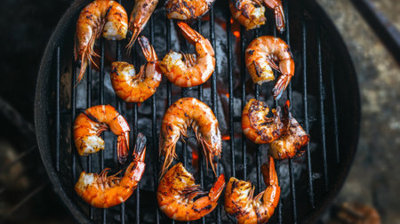 A top-down view of a barbecue grill with shrimp sizzling on the grates, capturing the cooking process and the vibrant color of the shrimp as they cook.の素材