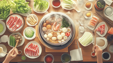 A top-down view of a table set for shabu-shabu, with a hot pot in the center surrounded by various fresh ingredients, dipping sauces, and utensils for cooking.の素材