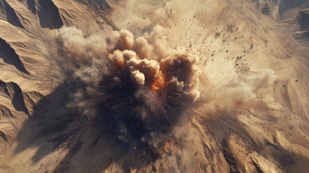 A top-down view of an explosion in a desert setting, with a large plume of dust and debris rising from the impact site, highlighting the dramatic effect of the blastの素材