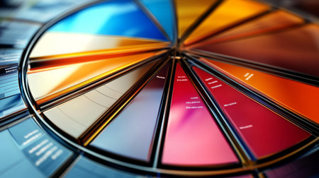 A top-down view of a 3D pie chart representing different financial sectors, with shiny, metallic segments and clear labels indicating various investment categories.の素材