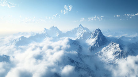 A view of a mountain range from a high vantage point, with clouds swirling around the peaks, giving the impression of being above the clouds.の素材
