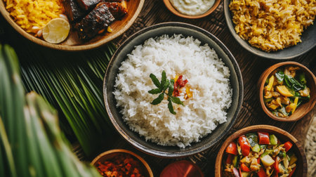 A top-down view of a steaming bowl of rice served with a variety of colorful side dishes, emphasizing the freshness and warmth of the rice in a vibrant meal setup.の素材