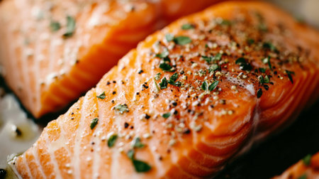 A top-down view of a salmon fillet being seasoned with herbs and spices, with close-up focus on the preparation process and the vibrant color of the fish.の素材