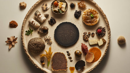 A top-down view of a truffle-themed tasting plate, with various truffle-infused dishes and garnishes arranged artfully, showcasing the versatility of truffles in cuisine.の素材
