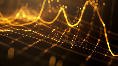 A wide-angle view of a 3D gold line graph with golden curves and data points, highlighting trends and patterns in a sophisticated and visually appealing format.の素材