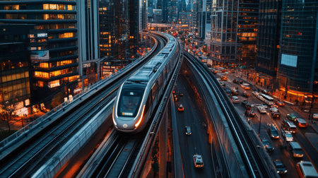 A top-down view of an electric train moving along elevated tracks, with city buildings and traffic visible below, showcasing the integration of rail and urban landscapes.の素材