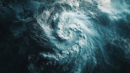 A top-down view of a storm system forming over the ocean, with swirling clouds and rough waves below, emphasizing the scale and power of the storm.の素材