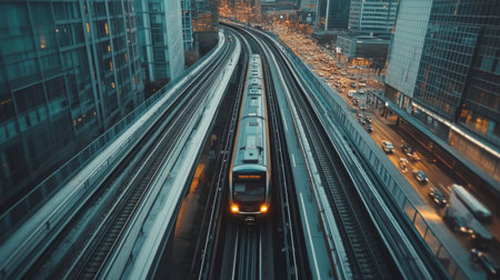 A top-down view of an electric train moving along elevated tracks, with city buildings and traffic visible below, showcasing the integration of rail and urban landscapes.の素材