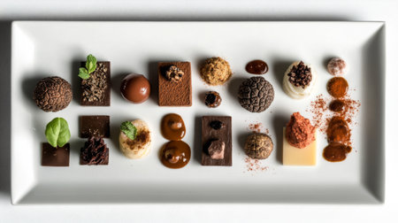 A top-down view of a truffle-themed tasting plate, with various truffle-infused dishes and garnishes arranged artfully, showcasing the versatility of truffles in cuisine.の素材