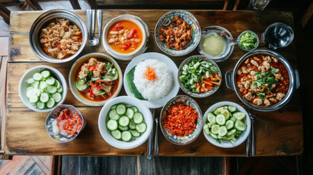 A top-down shot with a variety of side dishes including sliced cucumbers, tomatoes, and pickled radish, showcasing a complete and flavorful Thai breakfast spread.の素材
