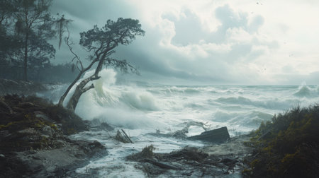 A wide view of a coastal area with high, crashing waves during a storm, with strong winds bending trees and debris scattered along the shore.の素材