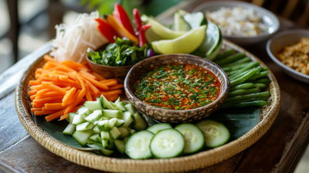 A traditional Thai dish featuring a bowl of served with an assortment of fresh vegetables, such as cucumber, carrots, and green beans, ready for dipping.の素材