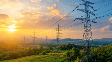 Power lines stretching across a rural landscape, with the sun setting in the background, highlighting the contrast between nature and man-made infrastructure.の素材