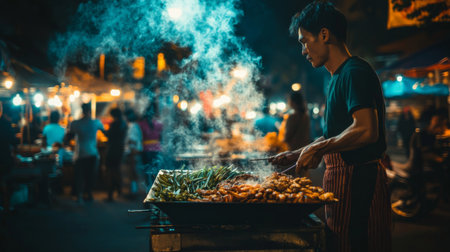 Smoke billowing from a street vendora charcoal grill, with the bustling night market scene alive with lights, colors, and the aroma of grilled food.の素材
