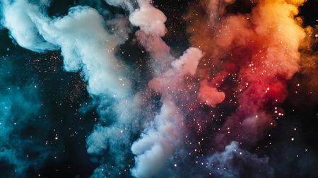 Smoke trails from fireworks bursting in the night sky, with colorful sparks illuminating the clouds of smoke, capturing the excitement of a celebration.の素材